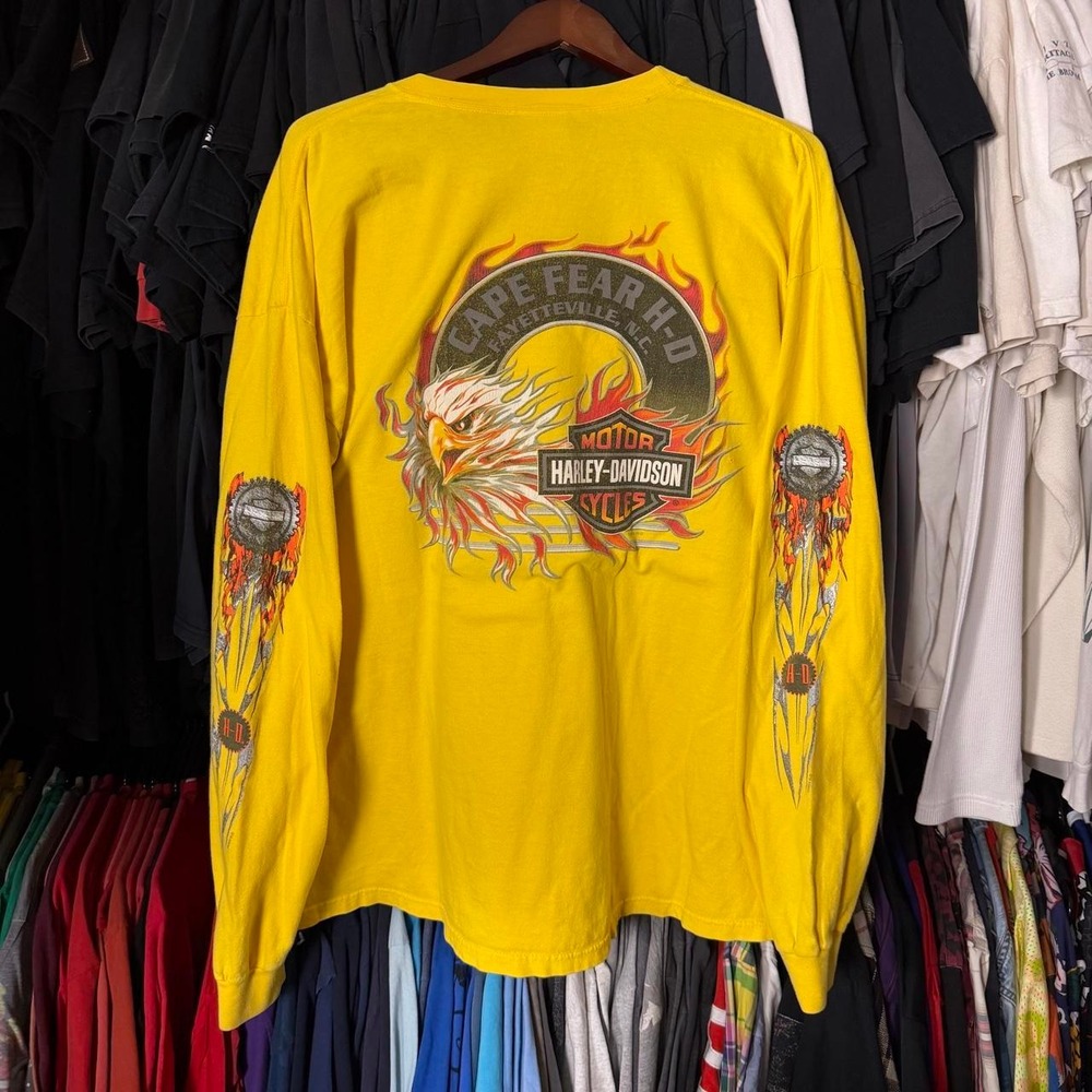 Harley Davidson Flame Sleeve Shirt Men's 2XL Yellow Y2K Biker Eagle Choppers 00s